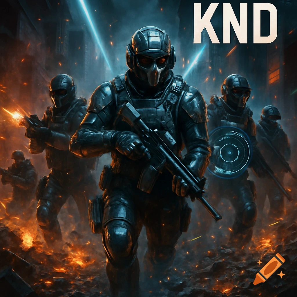 Futuristic soldiers in tactical gear with weapons in a fiery, war-torn urban landscape, with the text KND.