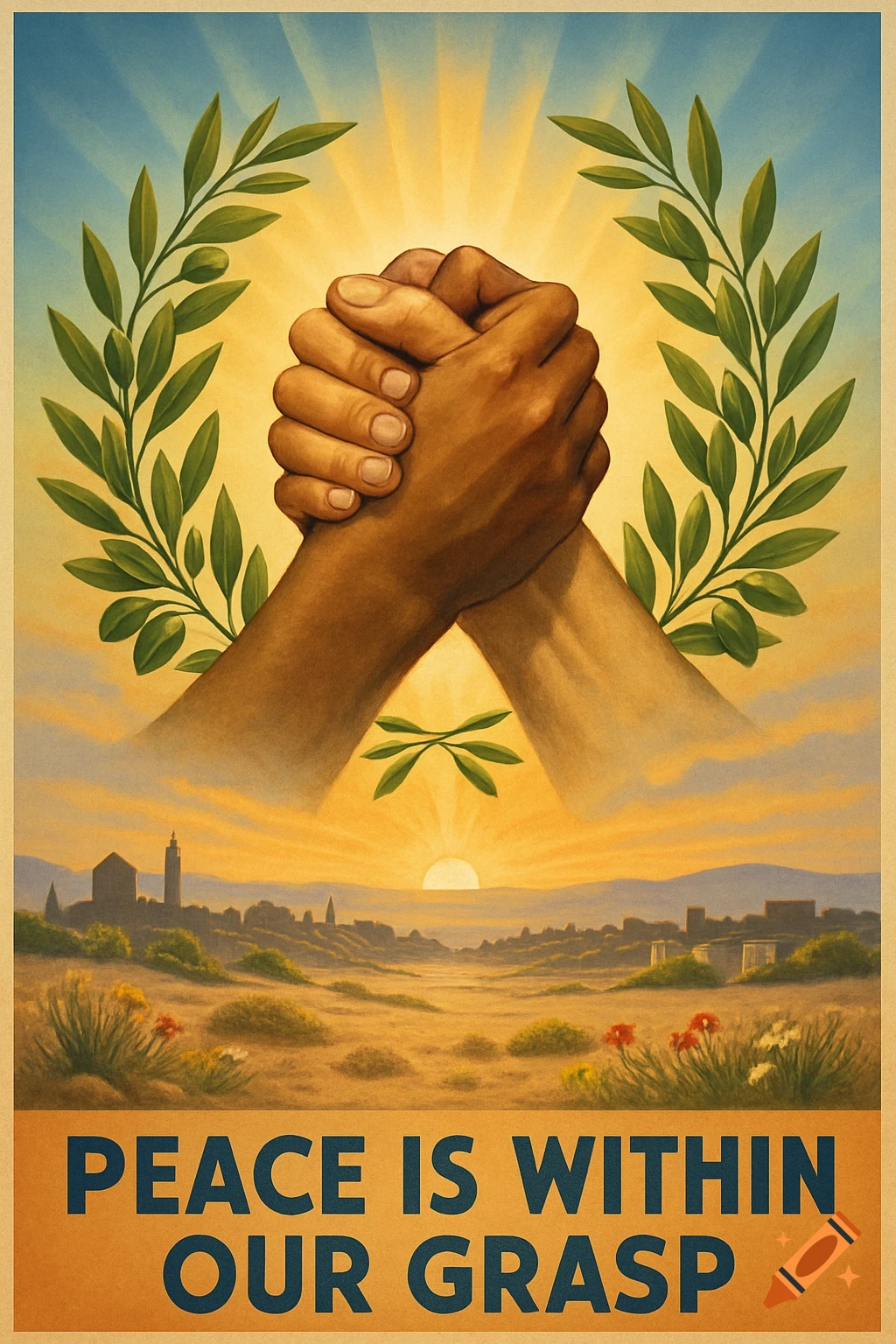 Vintage style poster with two hands clasped, olive branches, sunrise over a landscape, and text 'PEACE IS WITHIN OUR GRASP'.