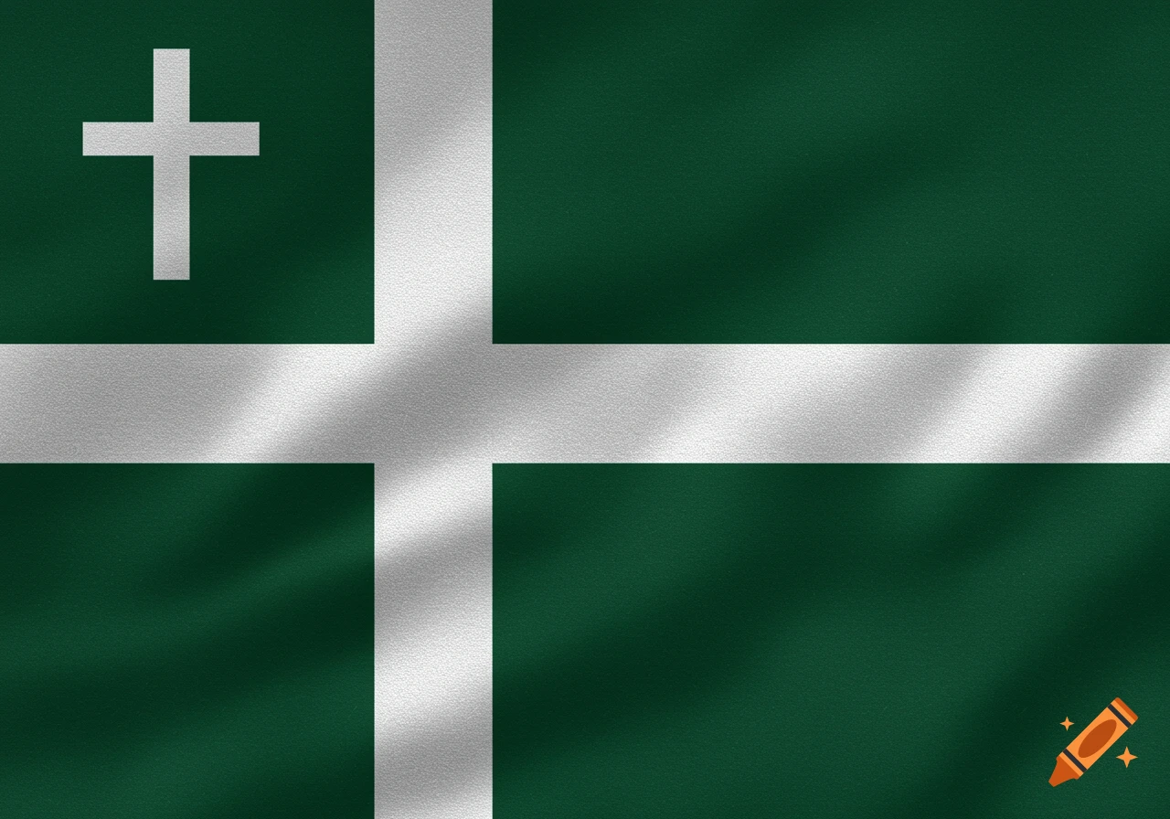 A dark green flag with a white Nordic cross design and a white Latin cross in the top left corner.