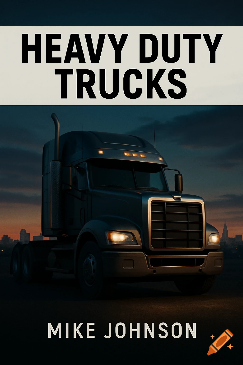 E-book cover for 'HEAVY DUTY TRUCKS' by Mike Johnson, featuring a dark grey semi-truck at twilight with city lights in the background.