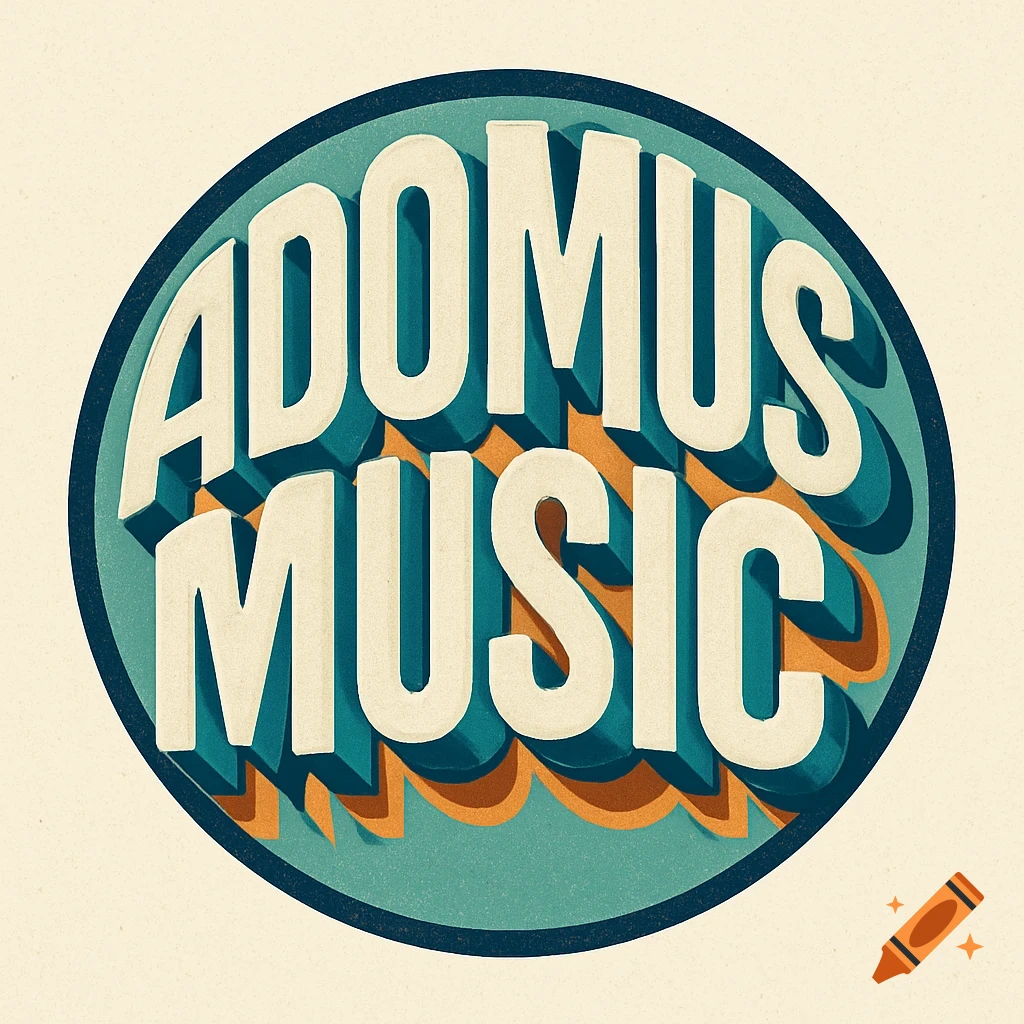 Retro-style oval logo with the words ADOMUS MUSIC in stacked, cream-colored 3D block letters on a teal background with orange shadows.