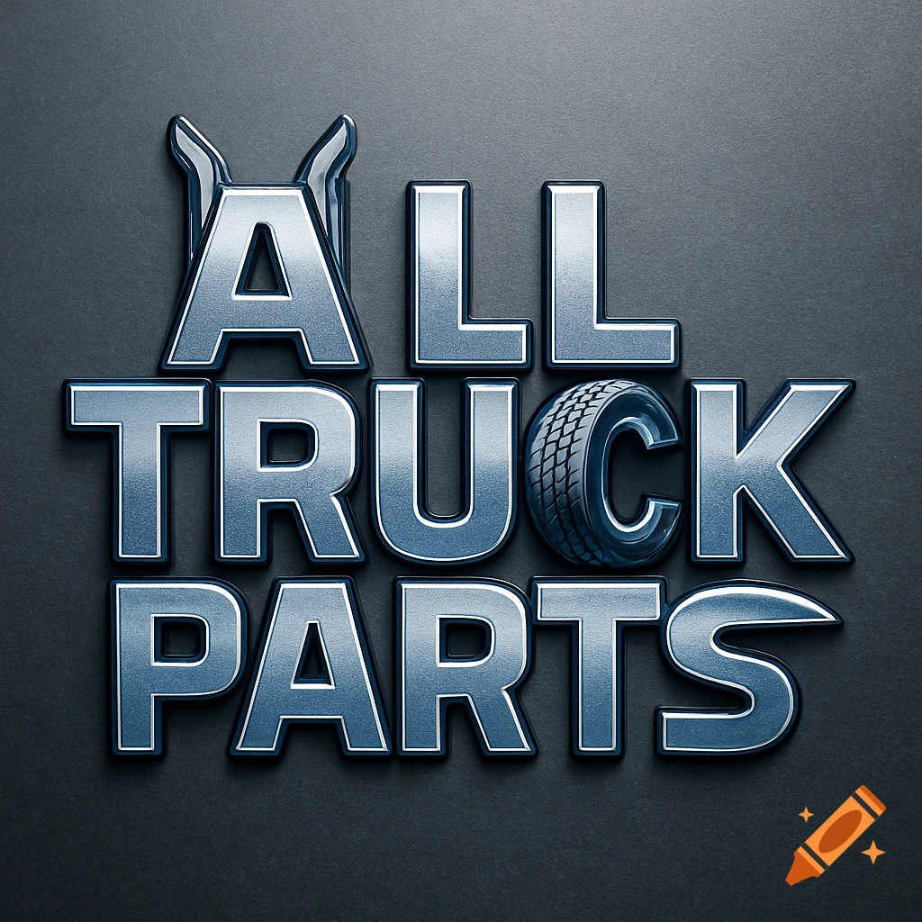 3D metallic text logo spelling 'ALL TRUCK PARTS' with truck parts fused into the letters on a dark textured background.