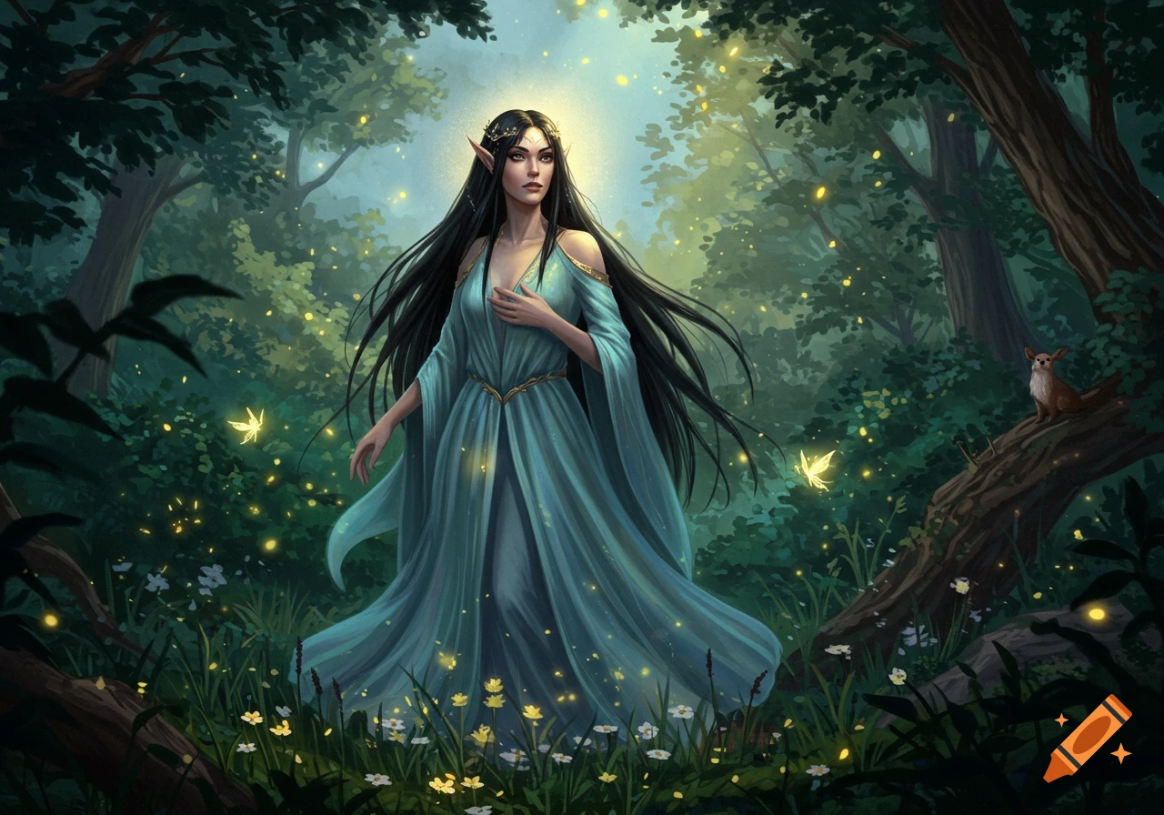 A fantasy illustration of an elf woman with long black hair and a teal dress standing in an enchanted forest with glowing lights.