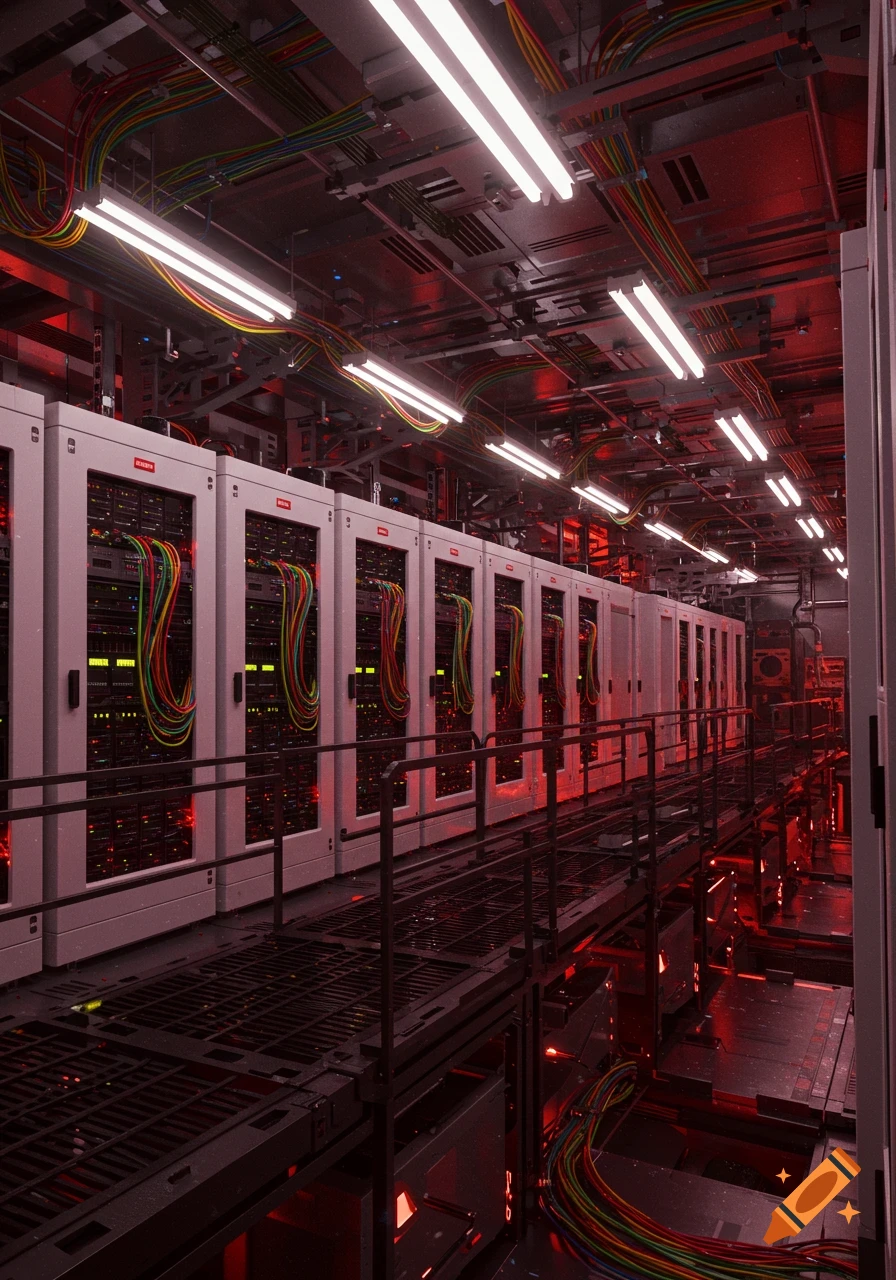 Hyper-realistic photo of a futuristic data center with rows of sleek white server racks, multi-colored cables, and glowing red ambient light.