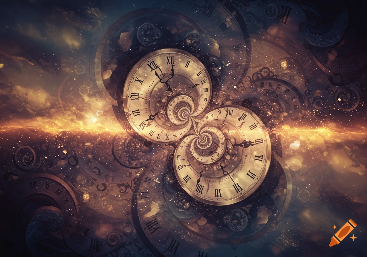 An abstract, cosmic image with a swirling, golden galaxy background and multiple pocket watch faces spiraling outwards, representing distorted time.