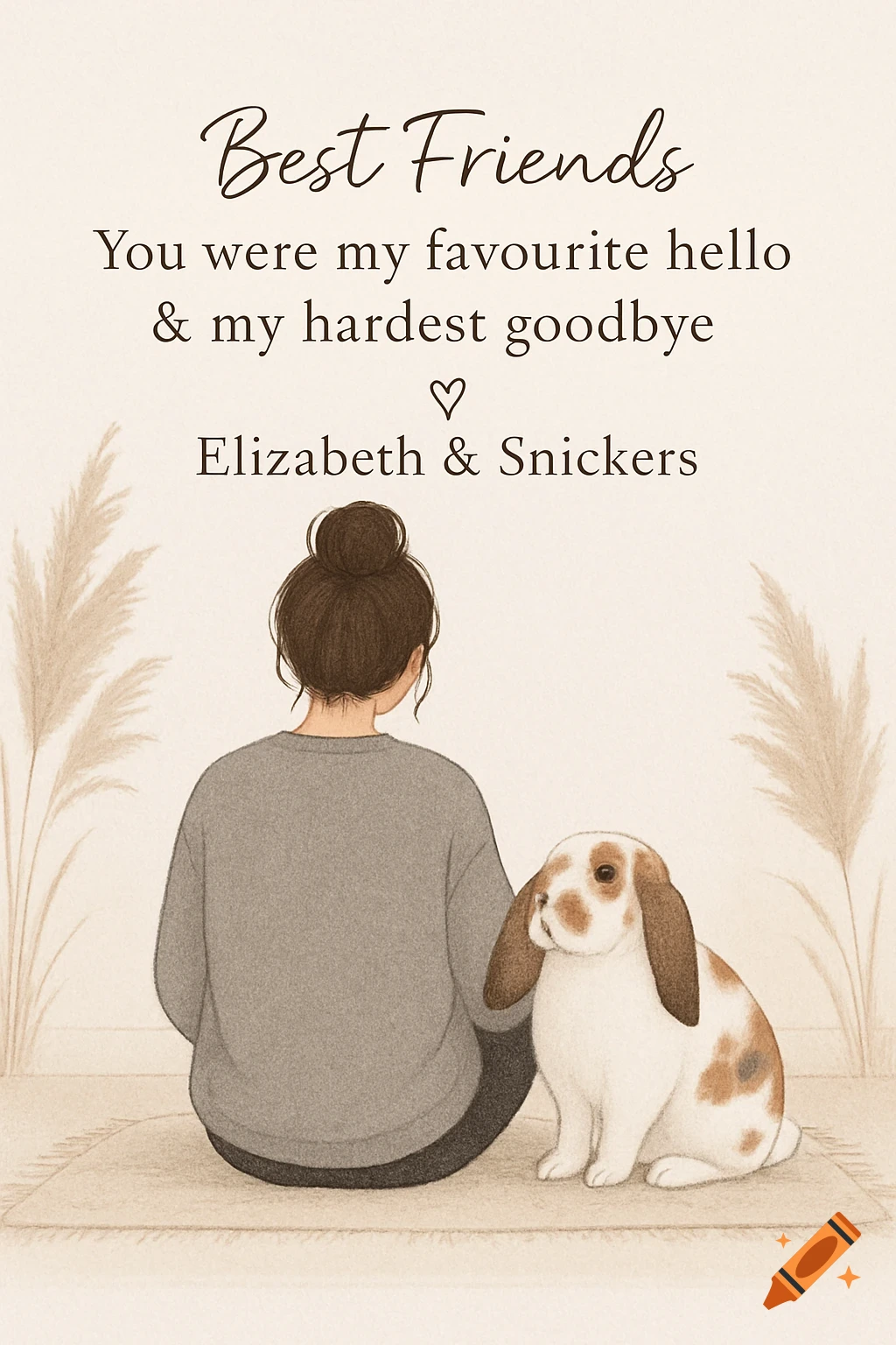 Illustration of a woman and a brown and white lop rabbit sitting together, with text 'Best Friends' and 'Elizabeth & Snickers'.