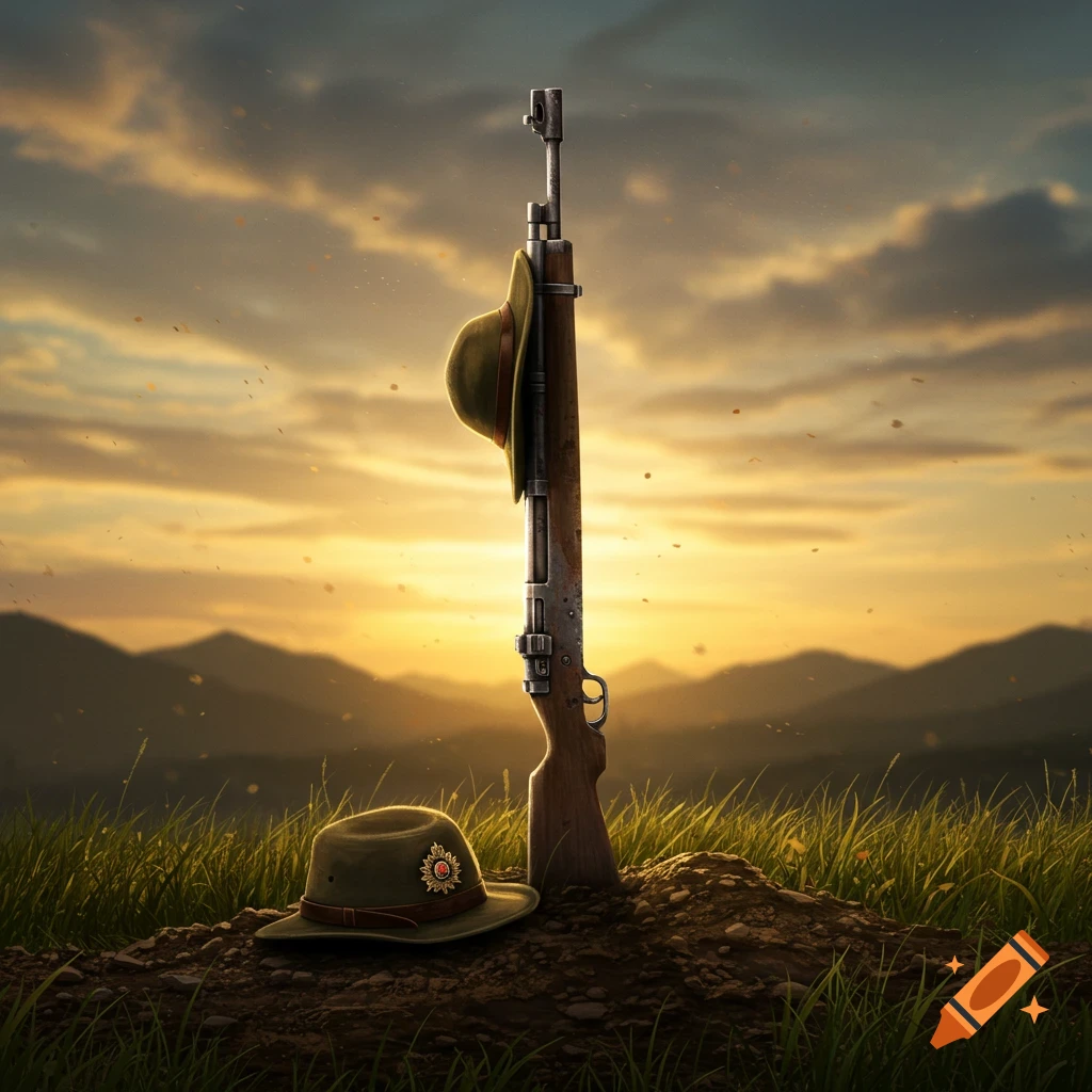 A rifle standing upright with a military hat hanging on it, another hat on the ground, at sunset in a field with mountains.
