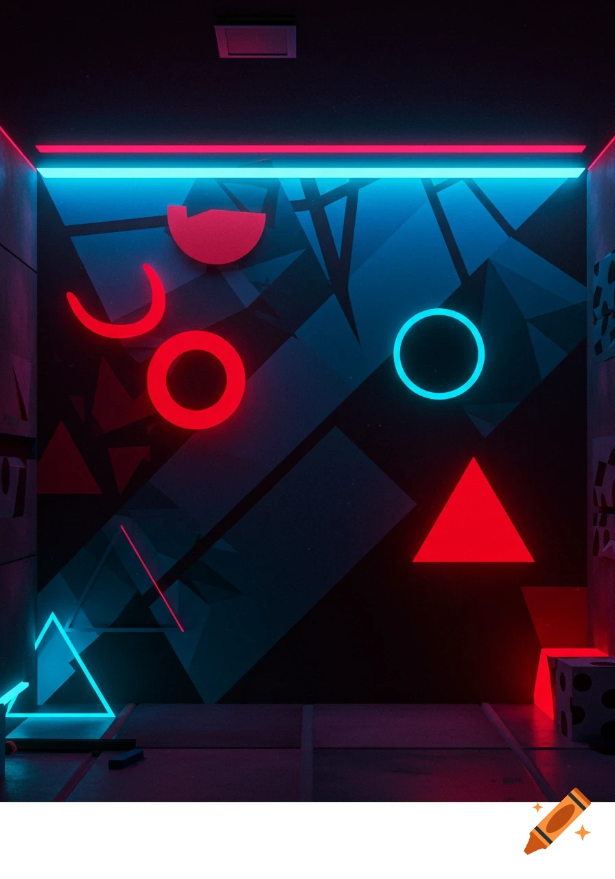 A dark room wall with glowing red and blue neon geometric shapes including circles, triangles, and abstract lines.