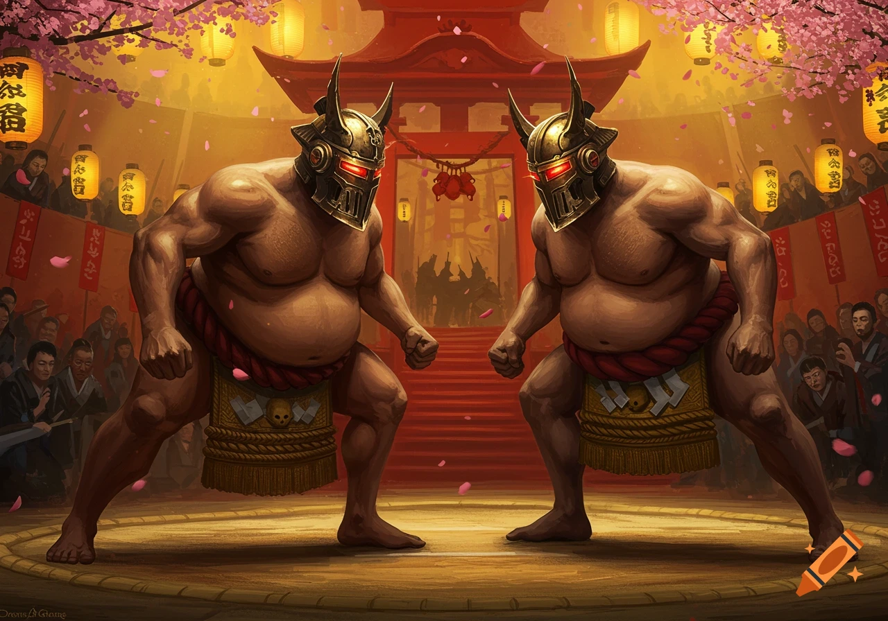 Two sumo wrestlers in horned Warhammer 40k helmets face off in a traditional Japanese arena with cherry blossoms and lanterns.