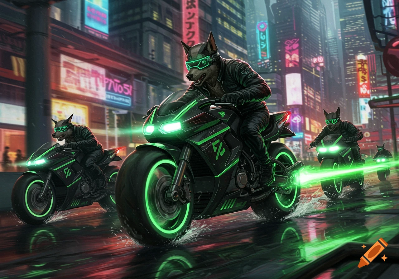 Anthropomorphic dog bikers with neon green motorcycles ride through a rainy cyberpunk city at night.