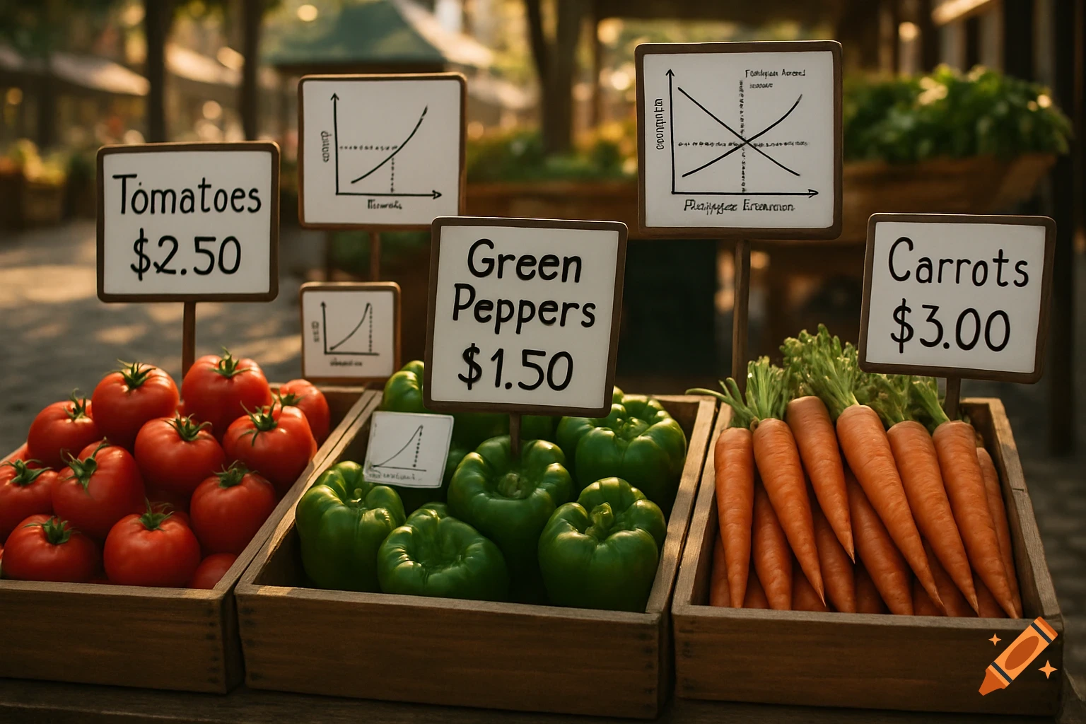 A vibrant market stall displays wooden crates filled with fresh red tomatoes, green bell peppers, and orange carrots, with prices clearly marked on signs.