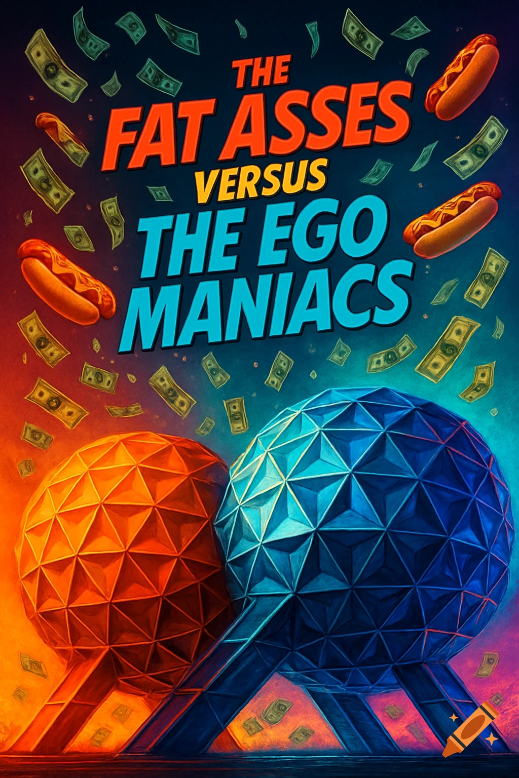 A colorful movie poster titled "THE FAT ASSES VERSUS THE EGO MANIACS" with an orange geodesic sphere and a blue one, surrounded by flying hot dogs and dollar bills.