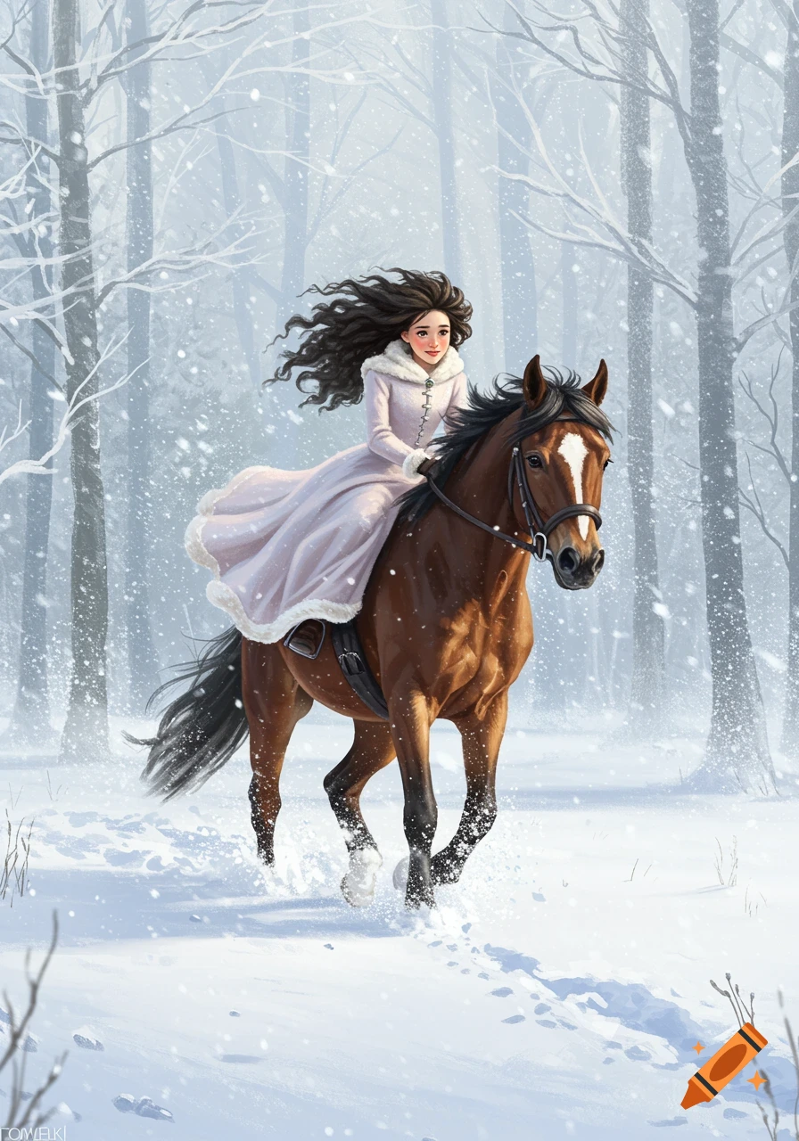 An illustrated image of a girl with long dark hair in a light-colored coat riding a brown horse through a snowy forest.