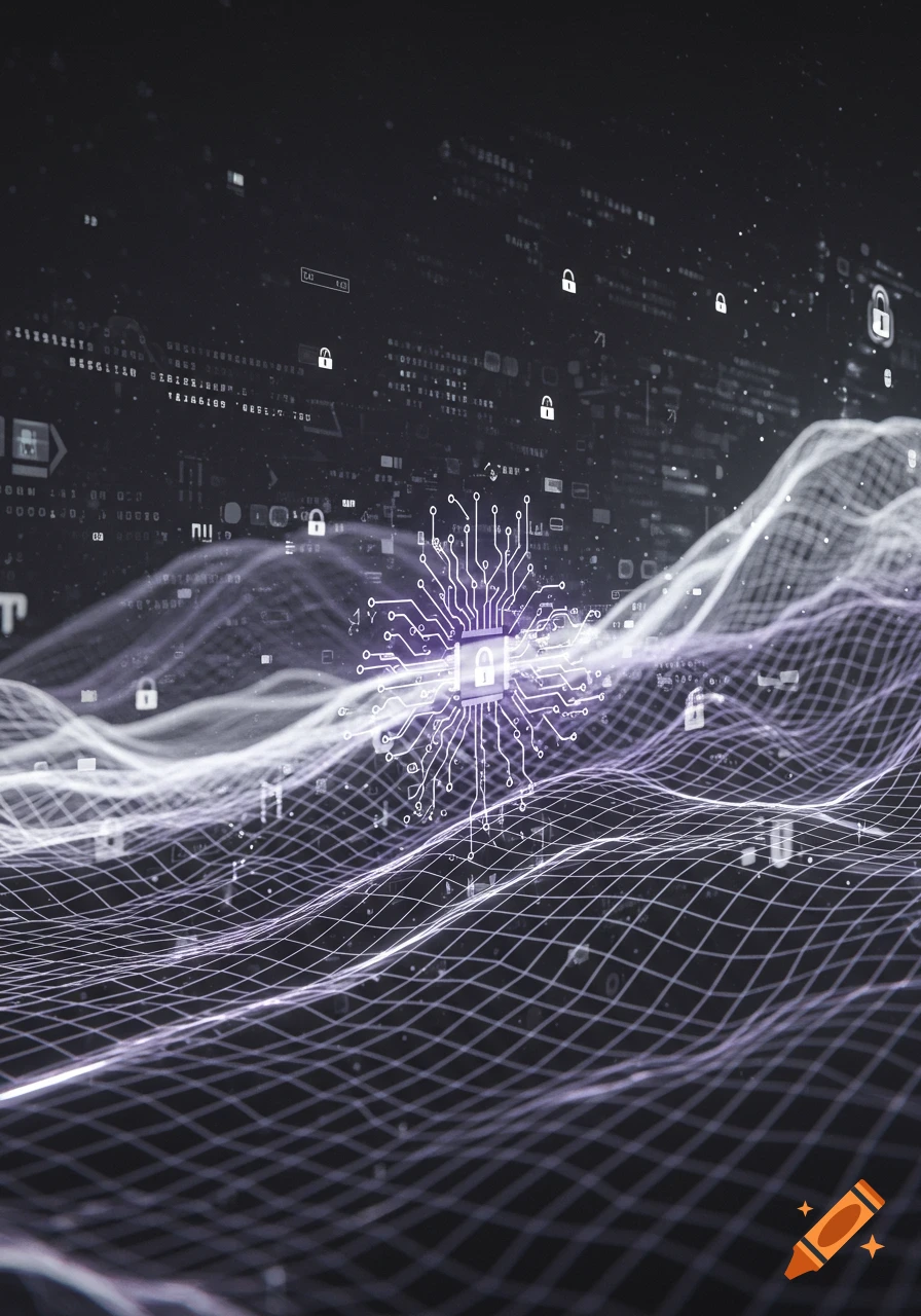 A vibrant purple and white abstract digital background with a glowing circuit board, grid lines, and data elements, symbolizing cybersecurity.