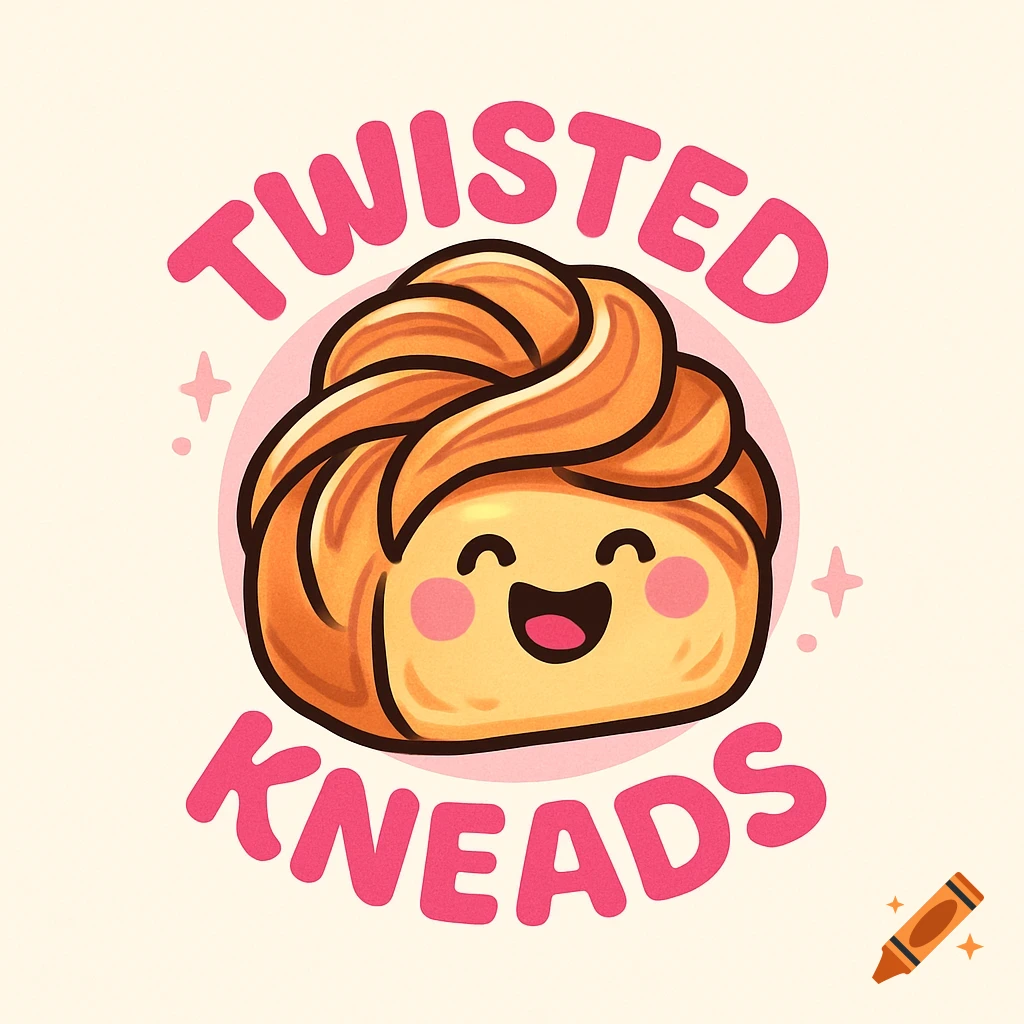 A cute, cartoon logo for "Twisted Kneads" with a smiling, anthropomorphic golden-brown braided bread loaf.