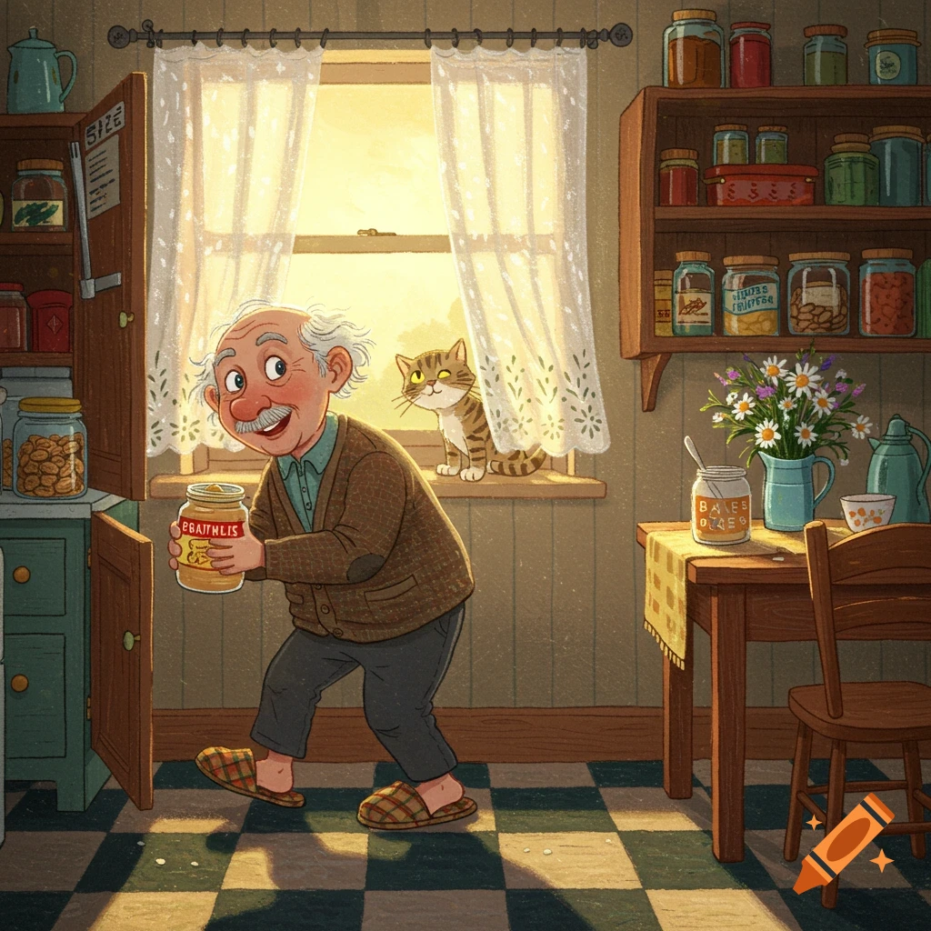 A cartoon illustration of an old man in a kitchen, holding a jar of what appears to be peanut butter, with a cat watching from the window.
