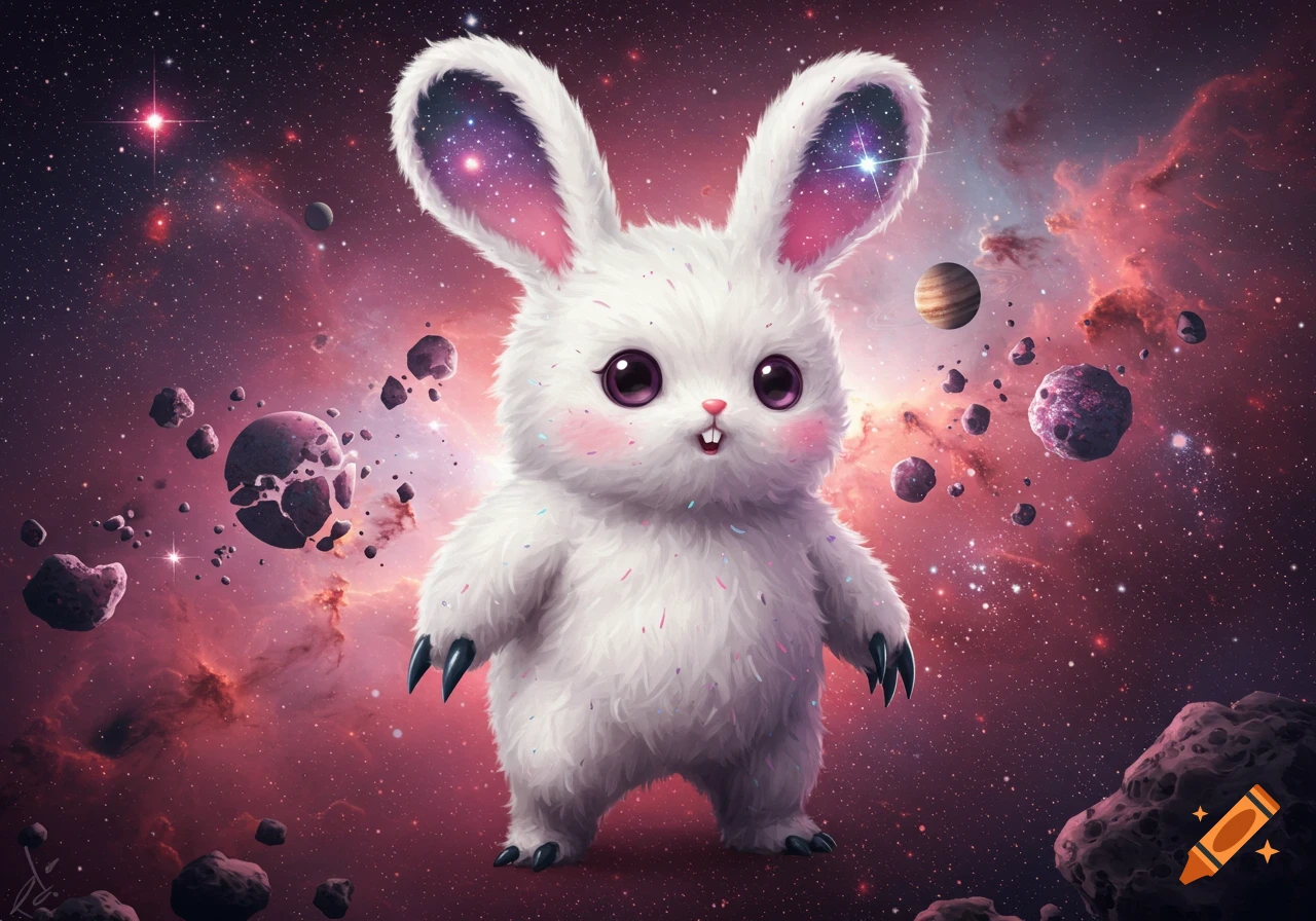 A fluffy white rabbit-like creature with large eyes stands in a cosmic nebula surrounded by planets and asteroids.