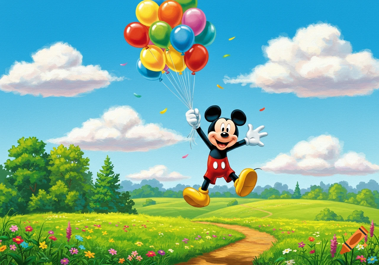 Mickey Mouse gleefully flies high in a vibrant blue sky, holding a large bunch of colorful balloons over a lush green meadow with flowers and a winding path.