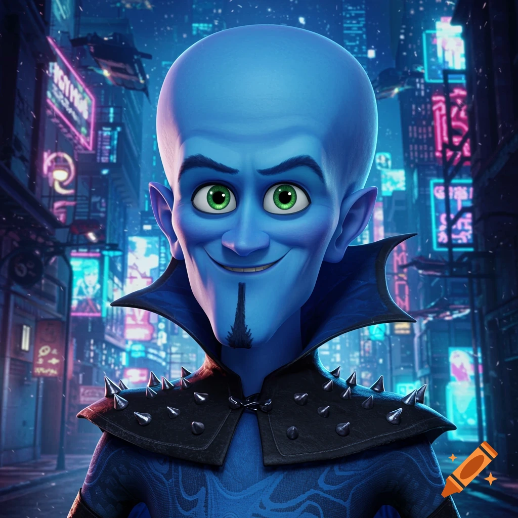 A smiling blue-skinned cartoon character with green eyes and a pointed goatee stands in a futuristic city at night.