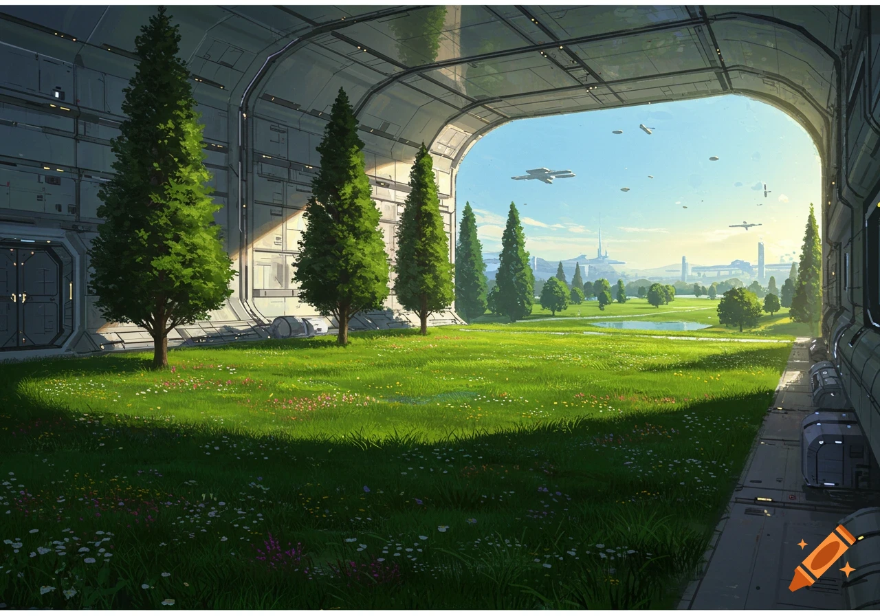 A lush green park with trees and a pond viewed from inside a massive futuristic cylindrical structure, with flying vehicles in the sky.