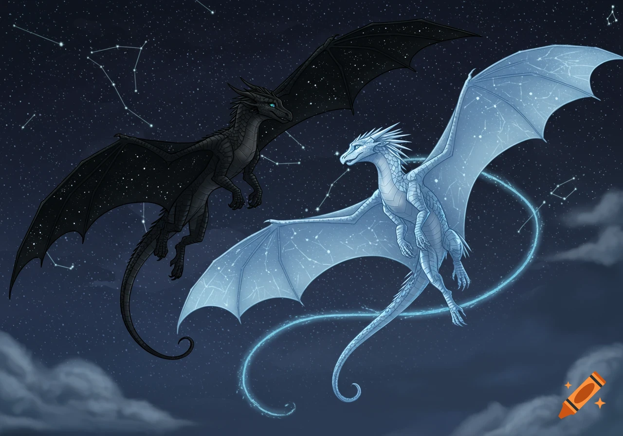 A black dragon and a light blue dragon fly gracefully against a dark night sky filled with stars and constellations.