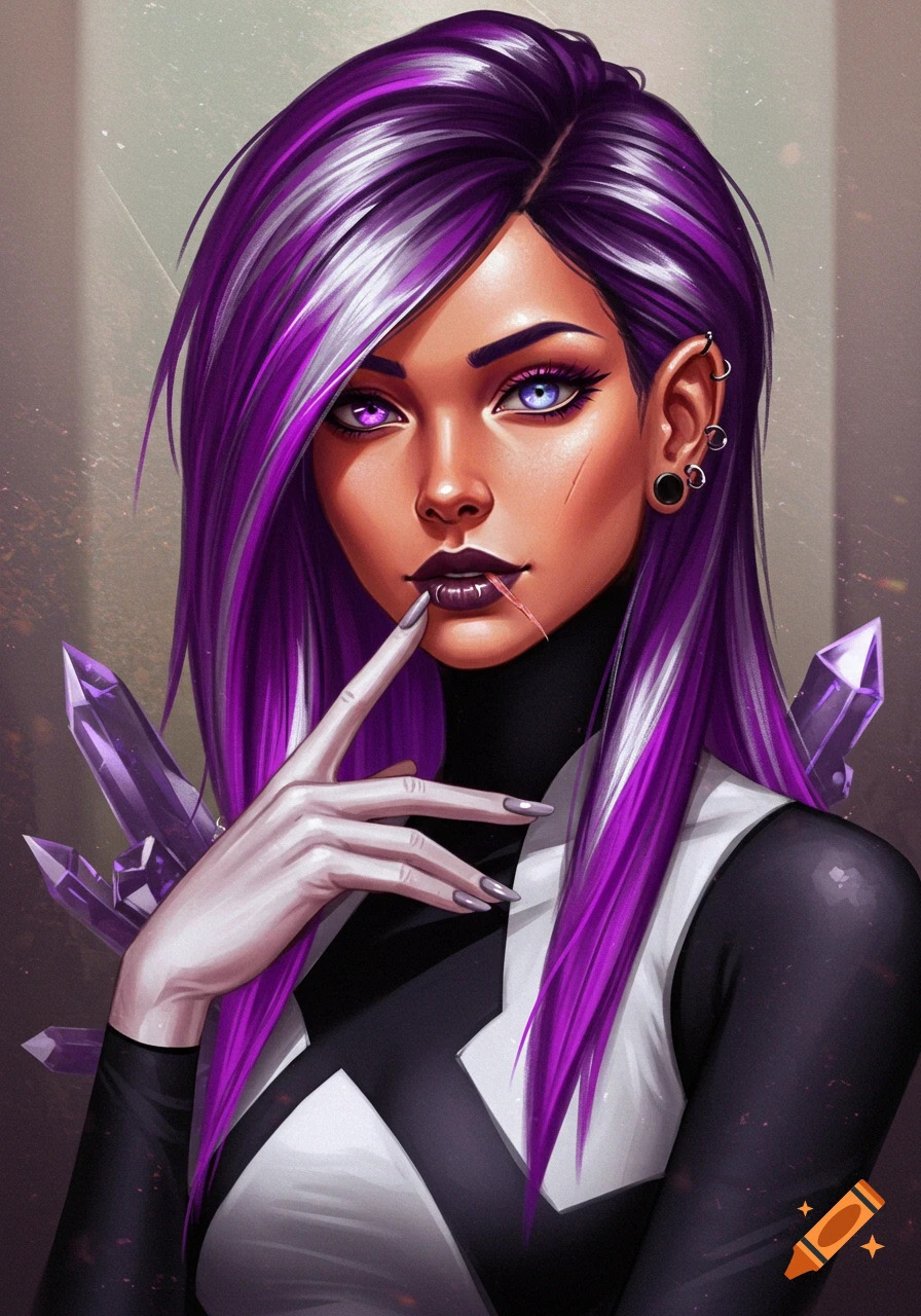 A stylized portrait of a woman with long purple hair with silver highlights, heterochromatic eyes (one violet, one blue), and sun-kissed skin. She wears a black and white top with purple crystals on her shoulders and has multiple ear piercings. Her finger is lightly touching her lips.