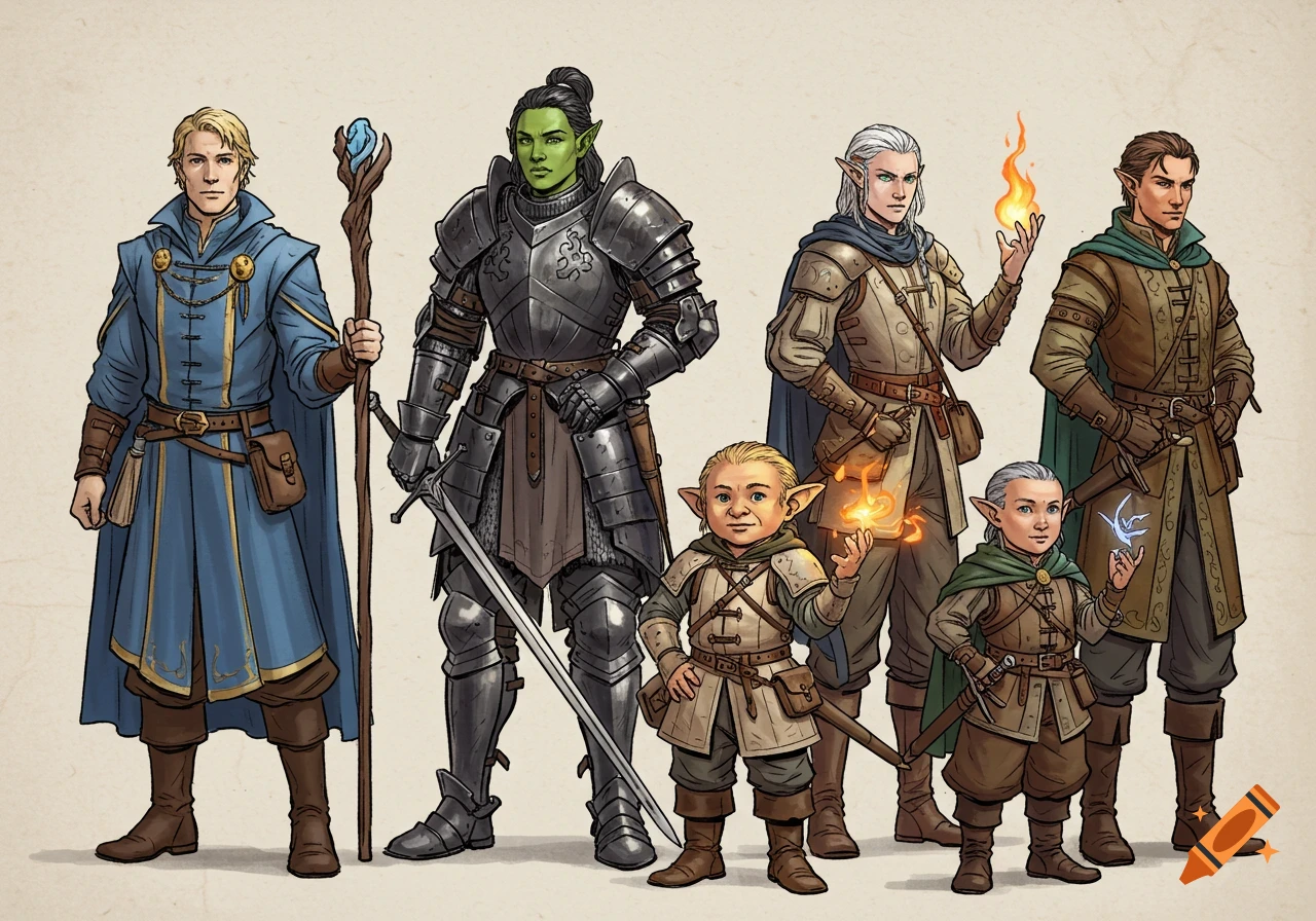 An illustration of a diverse D&D adventuring party including a human, half-orc, elf, halfling, and gnomes in fantasy gear.