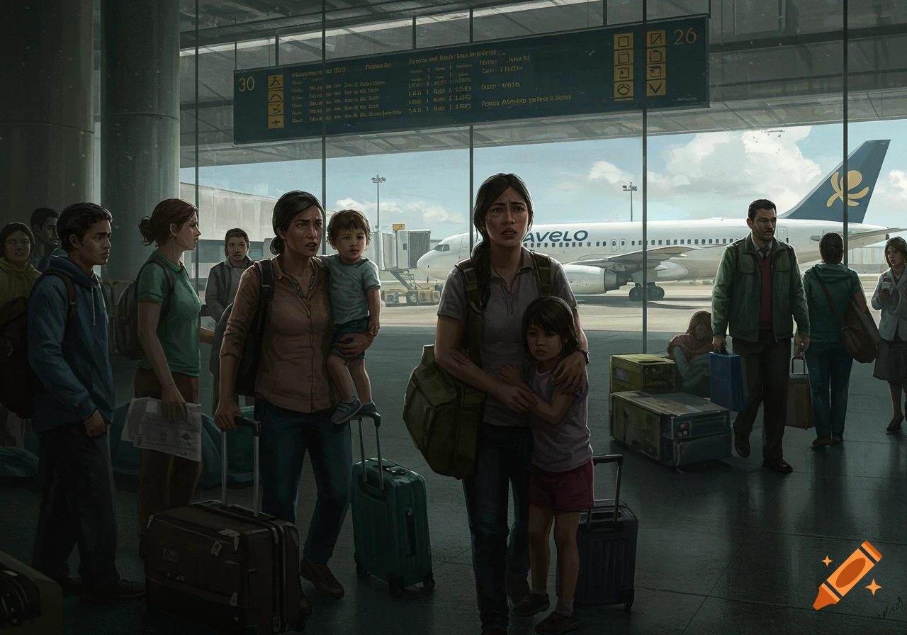 An illustration of a distressed family and other travelers in an airport terminal, with an Avelo Airlines plane visible through the large windows.