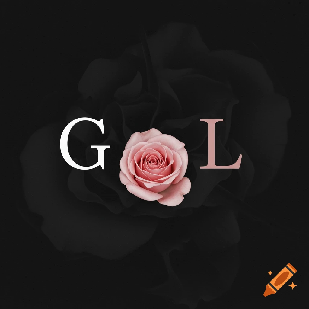 A stylized wallpaper design featuring a realistic pink rose centered on a dark background, flanked by a white 'G' on the left and a pink 'L' on the right.