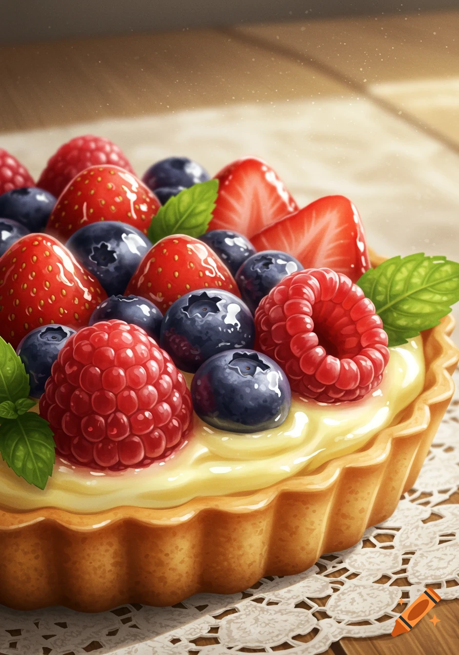 Close-up of a vibrant fruit tart with strawberries, blueberries, raspberries, and mint leaves on a white doily.