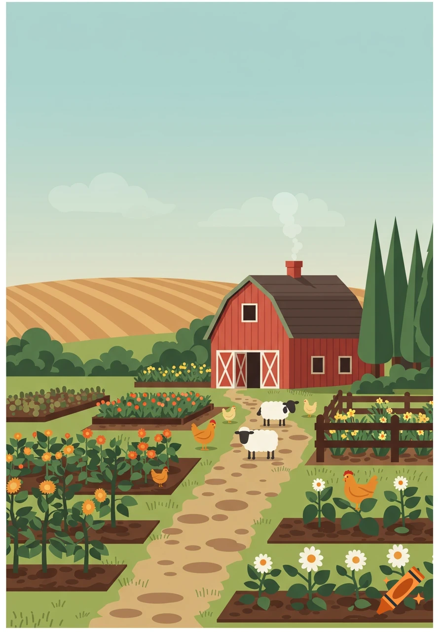 Colorful flat illustration of a red barn, gardens, sheep, and chickens on a farm with rolling hills and a blue sky.