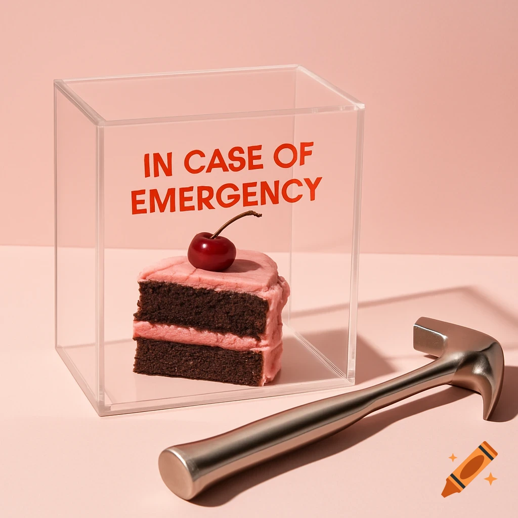 A slice of chocolate cake with pink frosting and a cherry sits inside a clear box labeled 'IN CASE OF EMERGENCY'. A silver hammer lies next to it on a pink background.