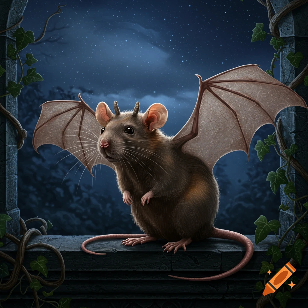 A fantastical horned rat with bat wings perches on a stone ledge with ivy at night under a starry sky, in an illustrative style.