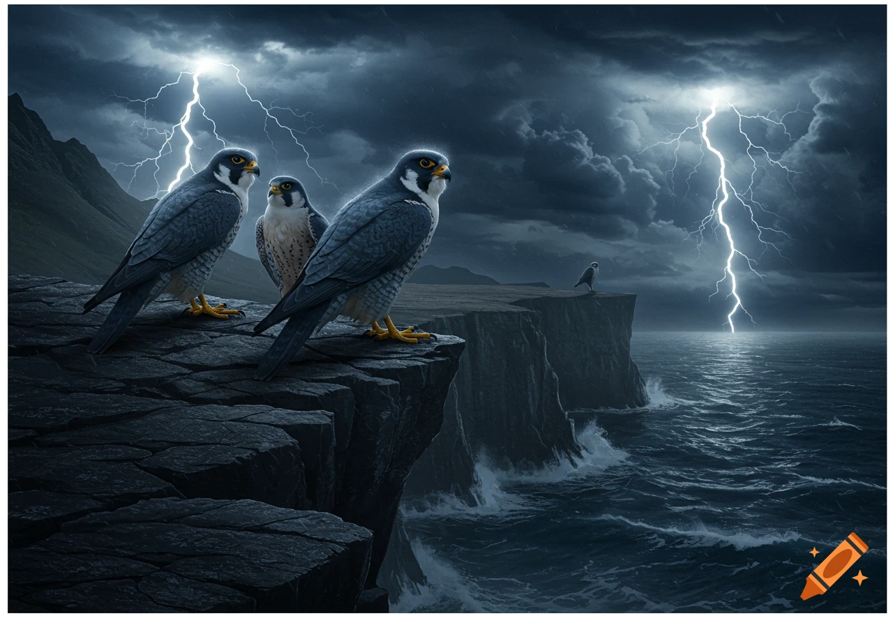 Three falcons perch on a rocky cliff overlooking a turbulent, lightning-struck ocean under a dark, stormy sky.