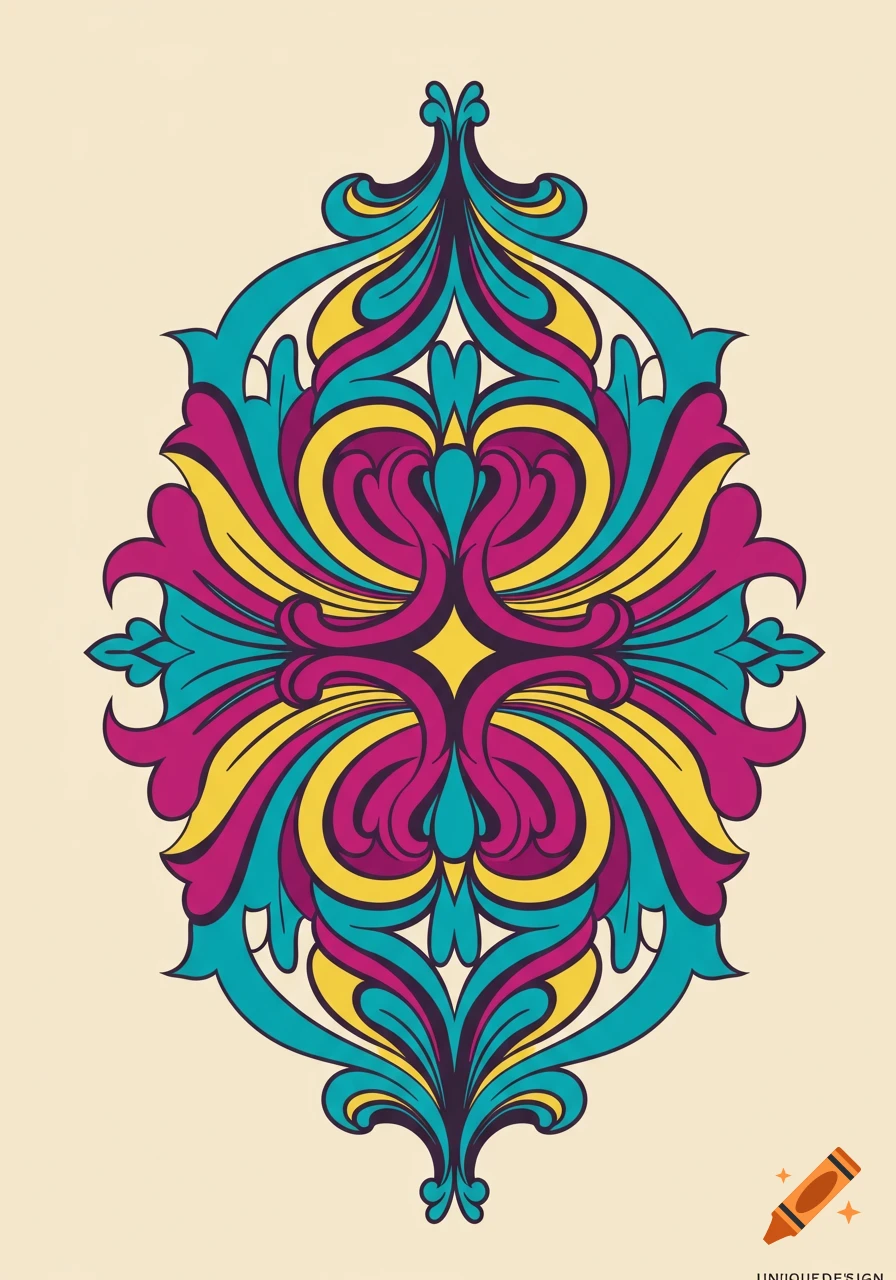 A vibrant symmetrical ornate design in teal, magenta, and yellow, with dark outlines, on a cream background.