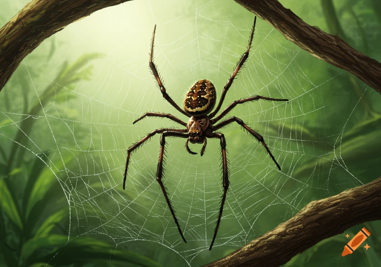 A detailed illustration of a large spider with a patterned body on its web in a lush green jungle.