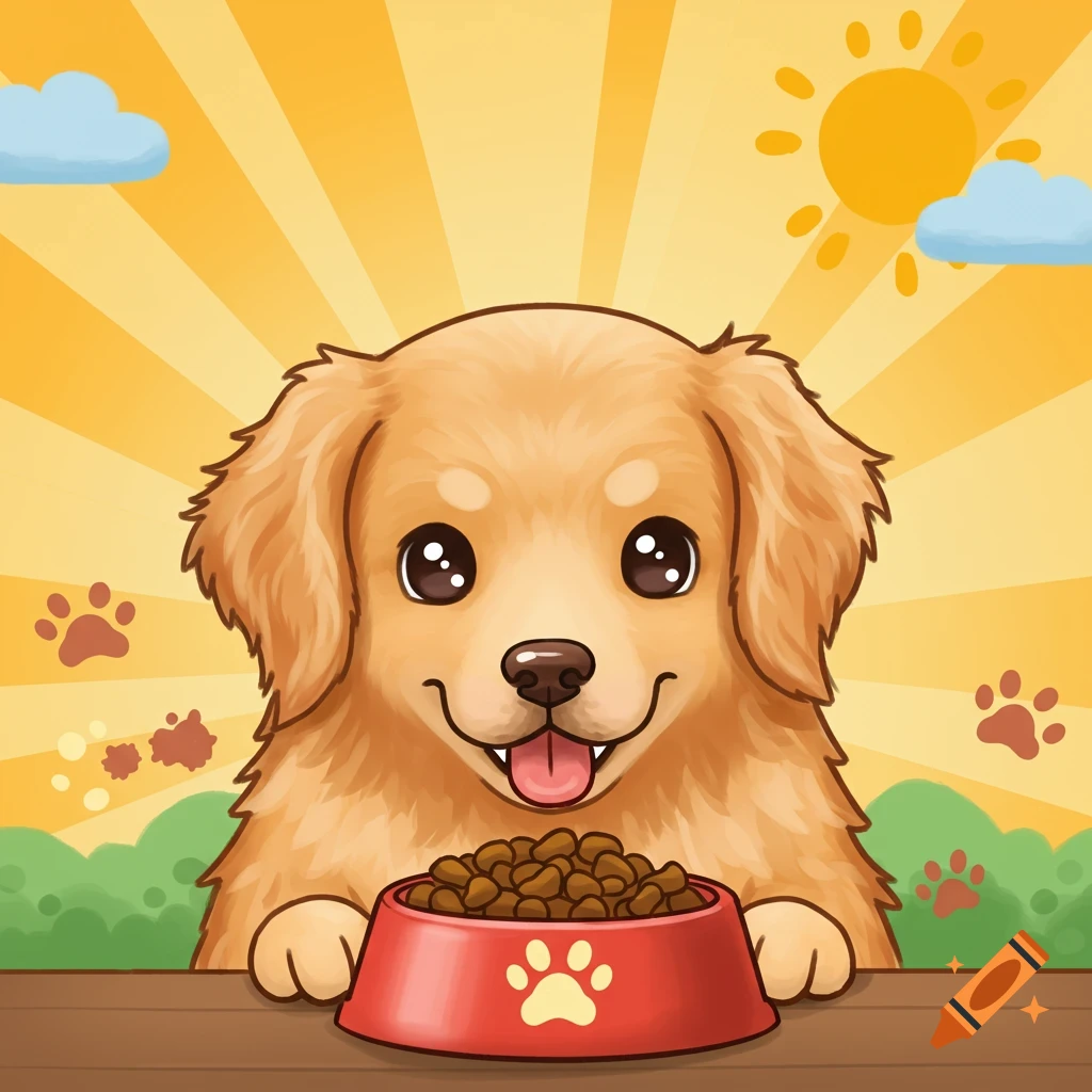 A cute cartoon golden retriever puppy smiles at the viewer with a red bowl of kibble in front of it, set against a bright, sunny background with clouds and paw prints.