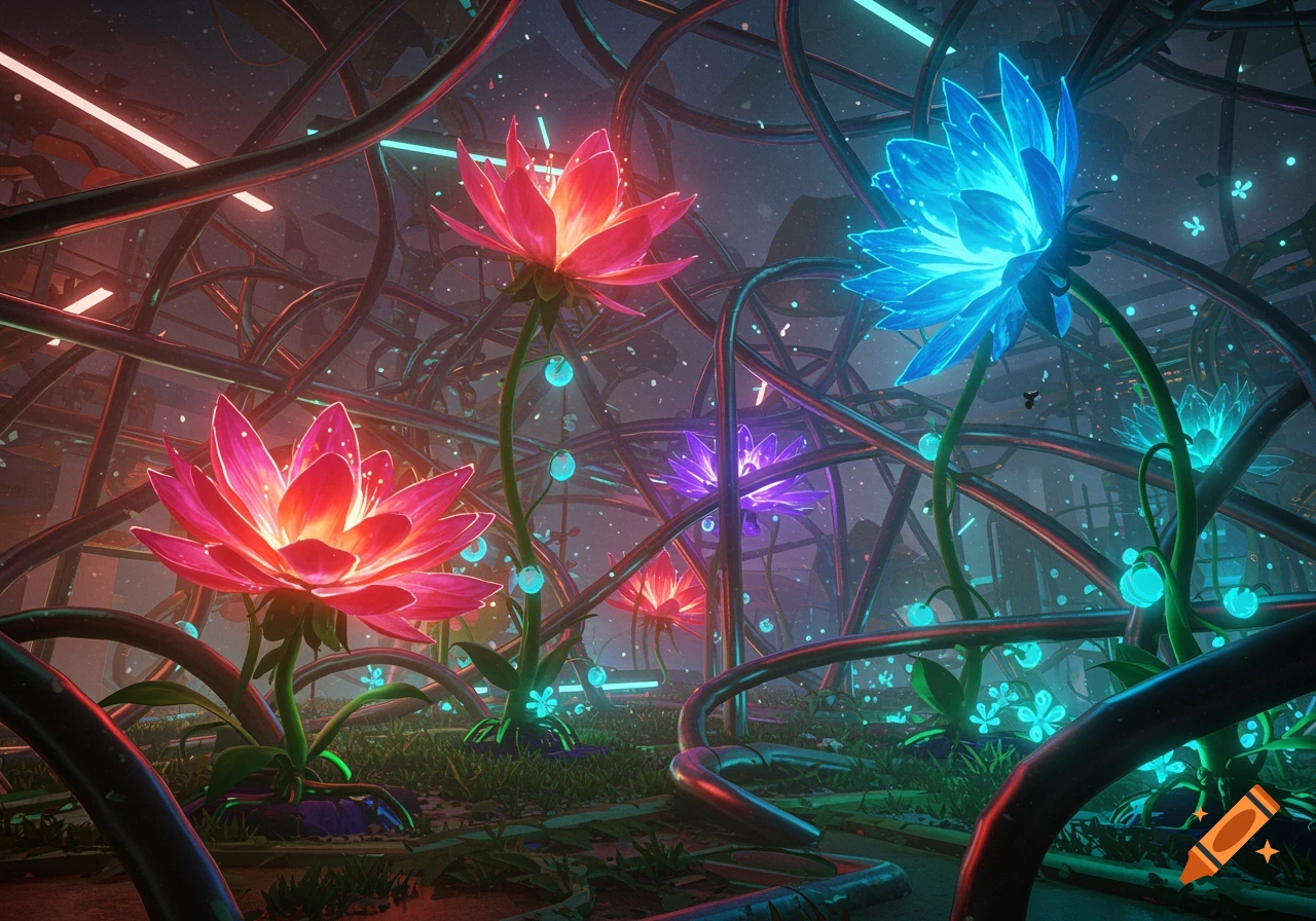 A vibrant, glowing futuristic garden with large red, blue, and purple lotus-like flowers and intertwined metallic structures.