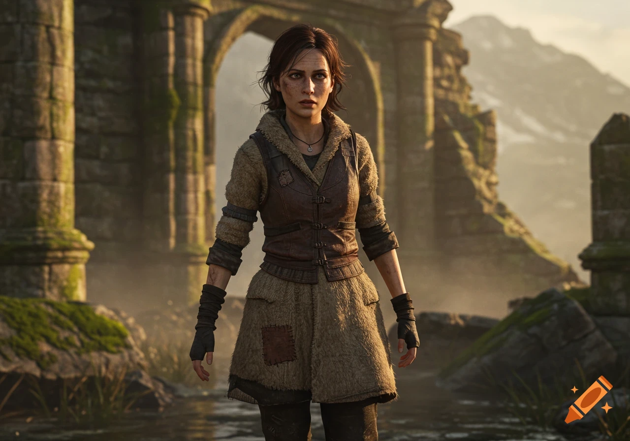 A realistic portrayal of a woman in a leather vest and wool coat standing in moss-covered ancient ruins during golden hour.