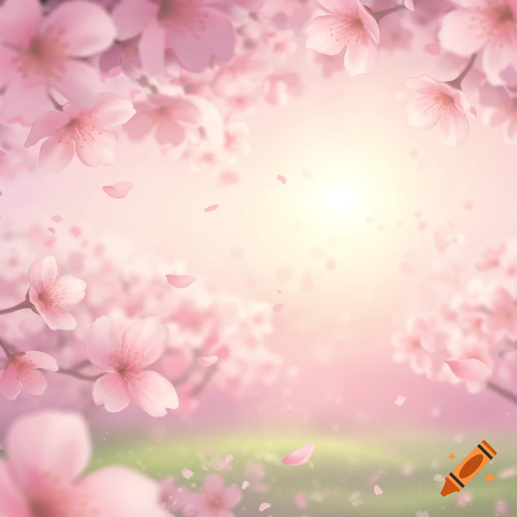 Dreamy pink cherry blossoms with falling petals and a soft, bright background.