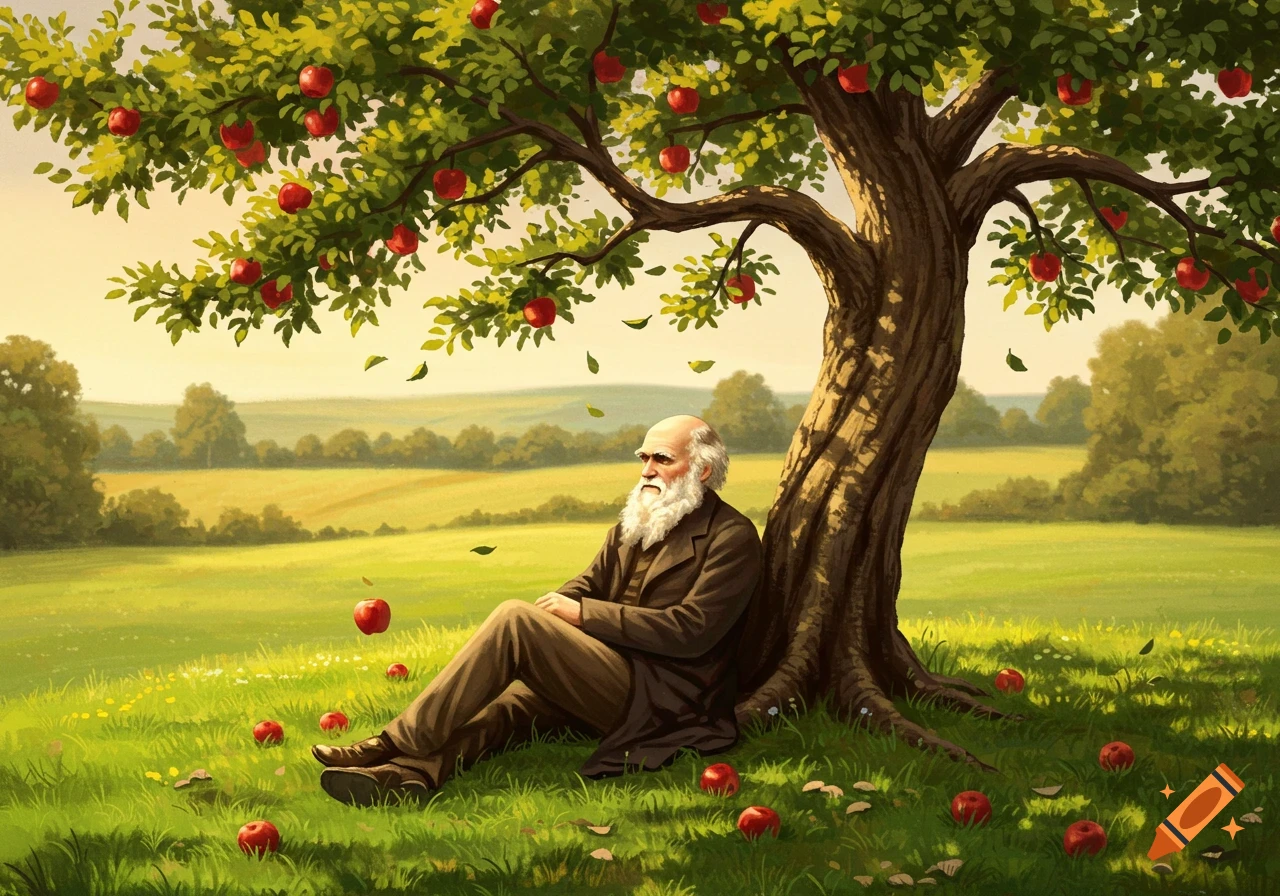 Charles Darwin sits under an apple tree in a grassy field, painted in an illustrative style.