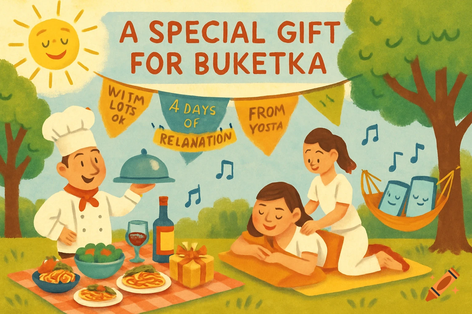 A colorful, textured illustration of a happy outdoor scene with a chef presenting food on a picnic blanket, a woman getting a back massage, and a hammock with smiling phones. Banners overhead read "A SPECIAL GIFT FOR BUKETKA" and other text.