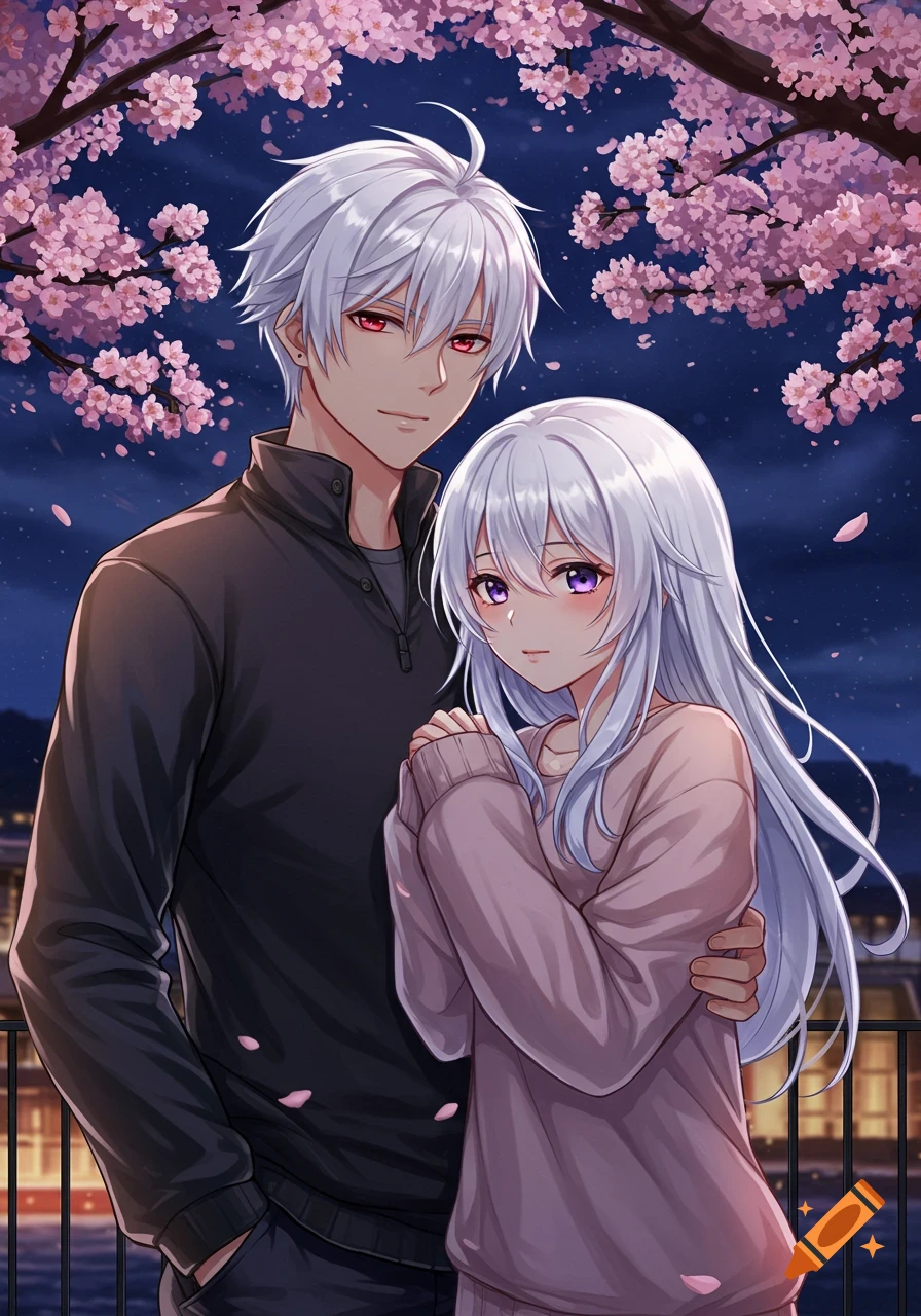 Anime style illustration of a man with white hair and red eyes with a woman with silver hair and purple eyes under cherry blossoms at night.