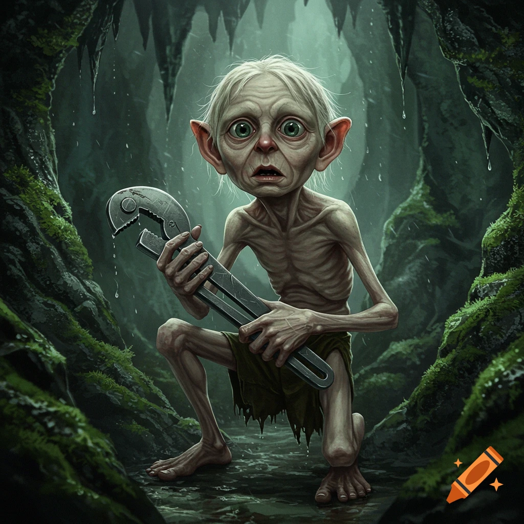 Gollum from Lord of the Rings crouches in a damp cave, holding a large metal wrench.