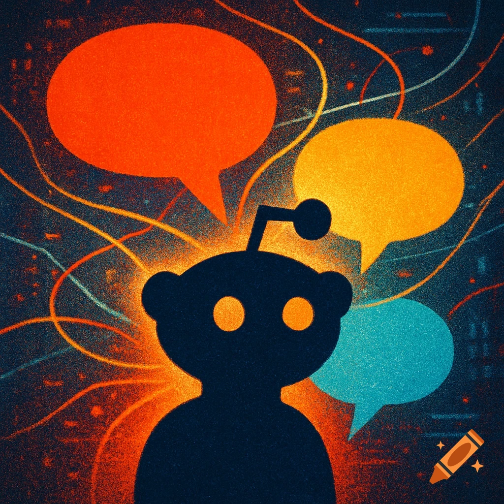 Stylized Reddit Snoo alien silhouette with glowing eyes and antenna, surrounded by colorful speech bubbles and abstract light lines against a dark, textured background.