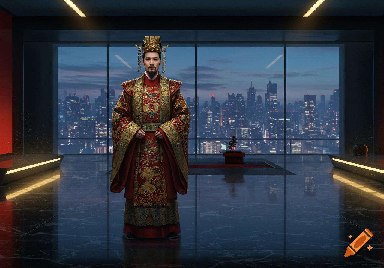 A man in ornate traditional Chinese emperor robes stands in a modern, sleek high-rise apartment with a city skyline at dusk visible through large windows.