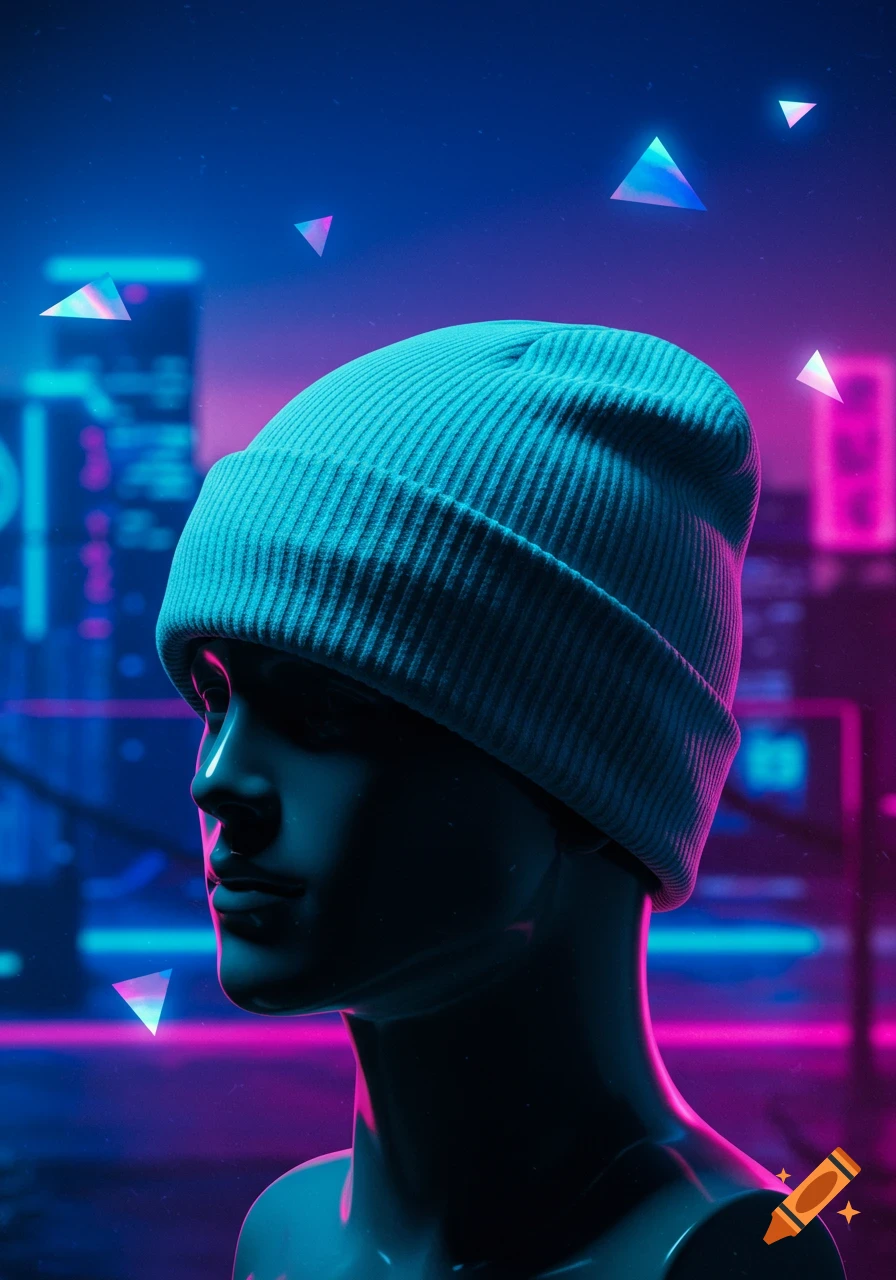 A mannequin wearing a light blue beanie in a neon-lit cyberpunk city at night with glowing triangles.