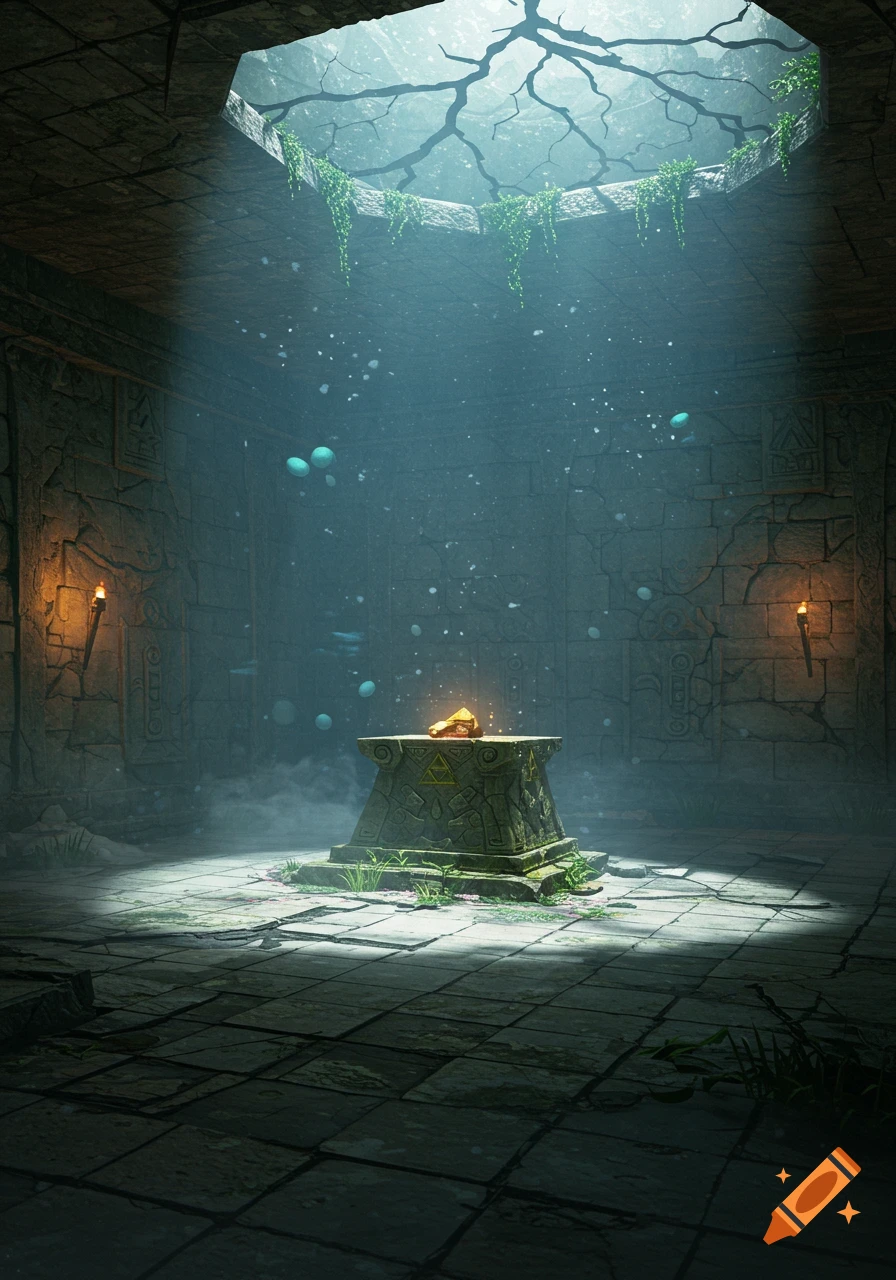 An ancient stone dungeon room with light streaming from above, illuminating a glowing object on a central pedestal.