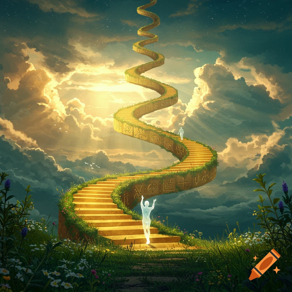 A winding golden staircase adorned with glyphs ascends into sunlit clouds, with ethereal figures on the steps and a lush green foreground.
