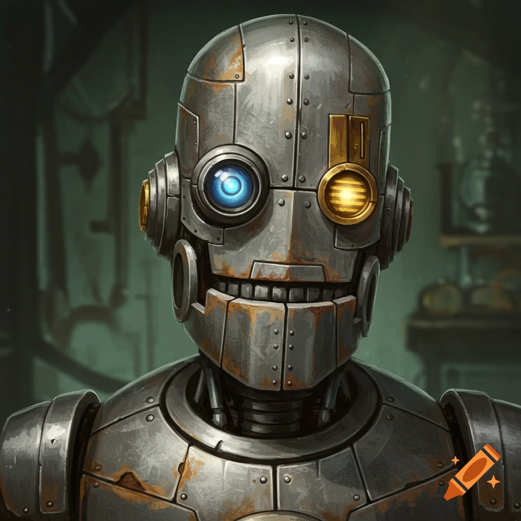 A detailed portrait of a vintage, scuffed robot with a bright blue eye and a golden slotted eye.